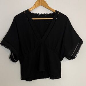 Women's Black V-Neck Lace-Trim Flutter Sleeve Top